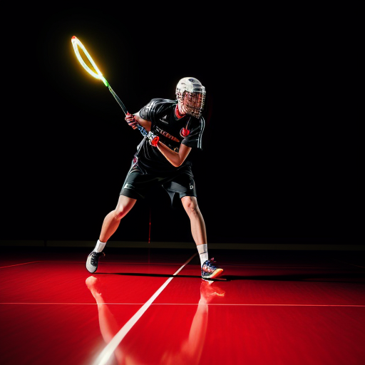 Dynamic action shot of a professional floorball player shooting with the "RAGE STRIKE PRO" stick. Motion blur on the ball, aggressive posture, arena lights glowing in the background. Matte black carbon shaft with blood-red torn graphics clearly visible. Red lighting atmosphere, sweat particles in air, intense sports photography, shallow depth of field, high shutter speed effect, ultra-realistic, cinematic, 8K.
