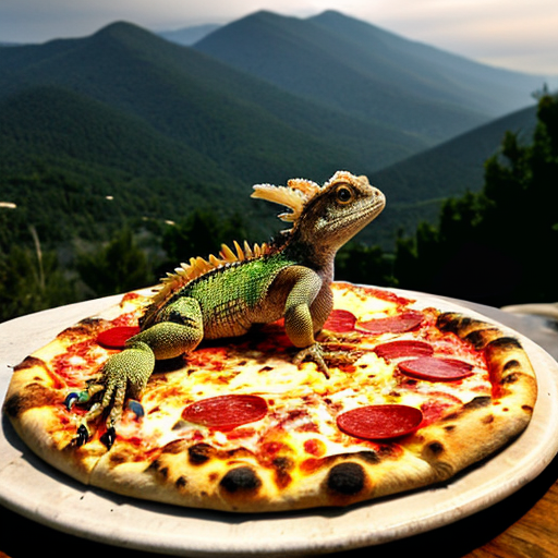 In the inside of a mansion on the mountains with the back round of being in the mountains, a bearded dragon, 8 inch long, red and white eyes with thunder coming out of it, levitating while pizza floats around it.