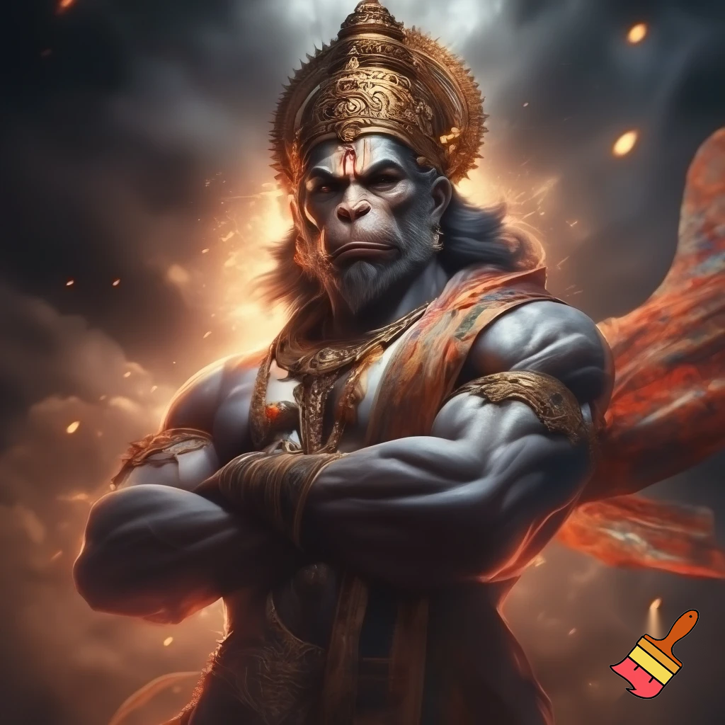 Lord Hanuman standing with a powerful and majestic posture, arms crossed, muscular divine body, stone-like skin texture with sacred markings, wearing golden royal crown and jewelry, flowing patterned shawl in the wind, fierce and heroic expression, detailed fur texture, cinematic dramatic lighting, dark stormy background with glowing embers floating in the air, mythological fantasy art style, extremely detailed, sharp focus, Unreal Engine render, subsurface scattering, rim light, God rays, volumetric glow, 8k, ultra high resolution, wallpaper composition

Negative prompt: low resolution, blurry, flat shading, cartoonish, distorted face, extra limbs, watermark, text, logo, noise, bad anatomy
