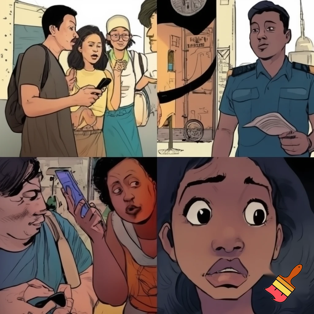 A friend of mine in Kuala Lumpur once had visitors who got lost on their way to her place. They asked the building guard for directions and said: “We’re looking for a foreign girl who lives here.” And the guard answered casually: “Oh, you mean the young Black girl?” The visitors immediately panicked — they thought he had just offended her, especially because she was listening on speakerphone the whole time. But when they apologized to her, she was completely confused. “For what? I’m not offended.” generate for me an image with 3 scenes showing visual support for my story : the first image shows the visitors lost asking to the guard "we're looking for a foreign girl living here." the second : the guard answering with that question and the last : showing the visitors with an exaggerate shocked and ambarrass face looking cat the phone.on the first image, add the phone on the hand of the guy make it sketch style. and 3 visitors