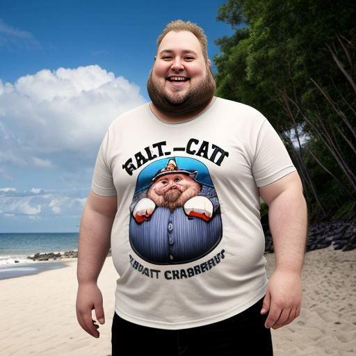 A fat man on the beach wearing virolo cat t-shirt