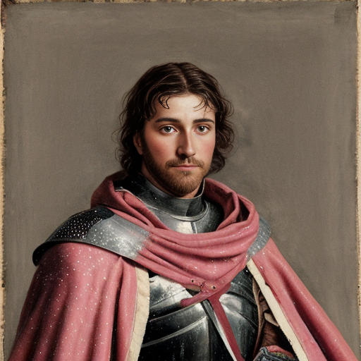 a weathered painting of a handsome knight, he is wearing a pink cloak with black spots