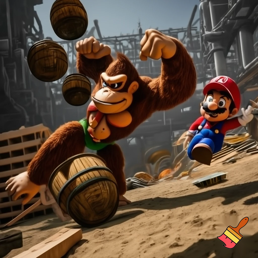 Hazme a Donkey Kong lanzando barriles a Mario en una zona de construcción Mario esquivando los barriles saltando encima de los barriles