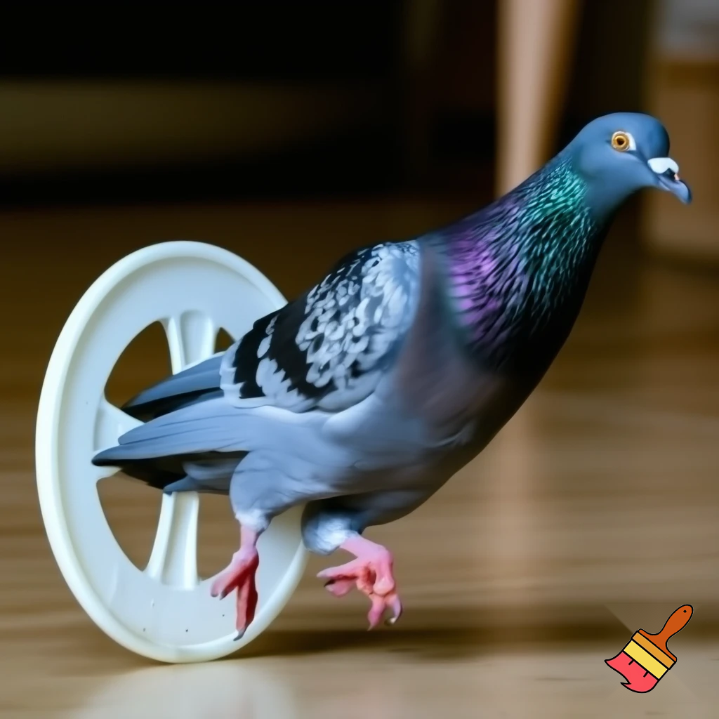 A pigeon running on a whell