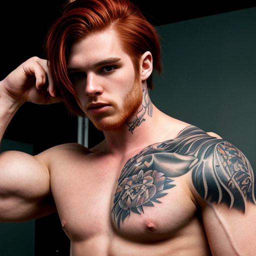 crea un ragazzo con capelli rossi  muscoloso con tatuaggi