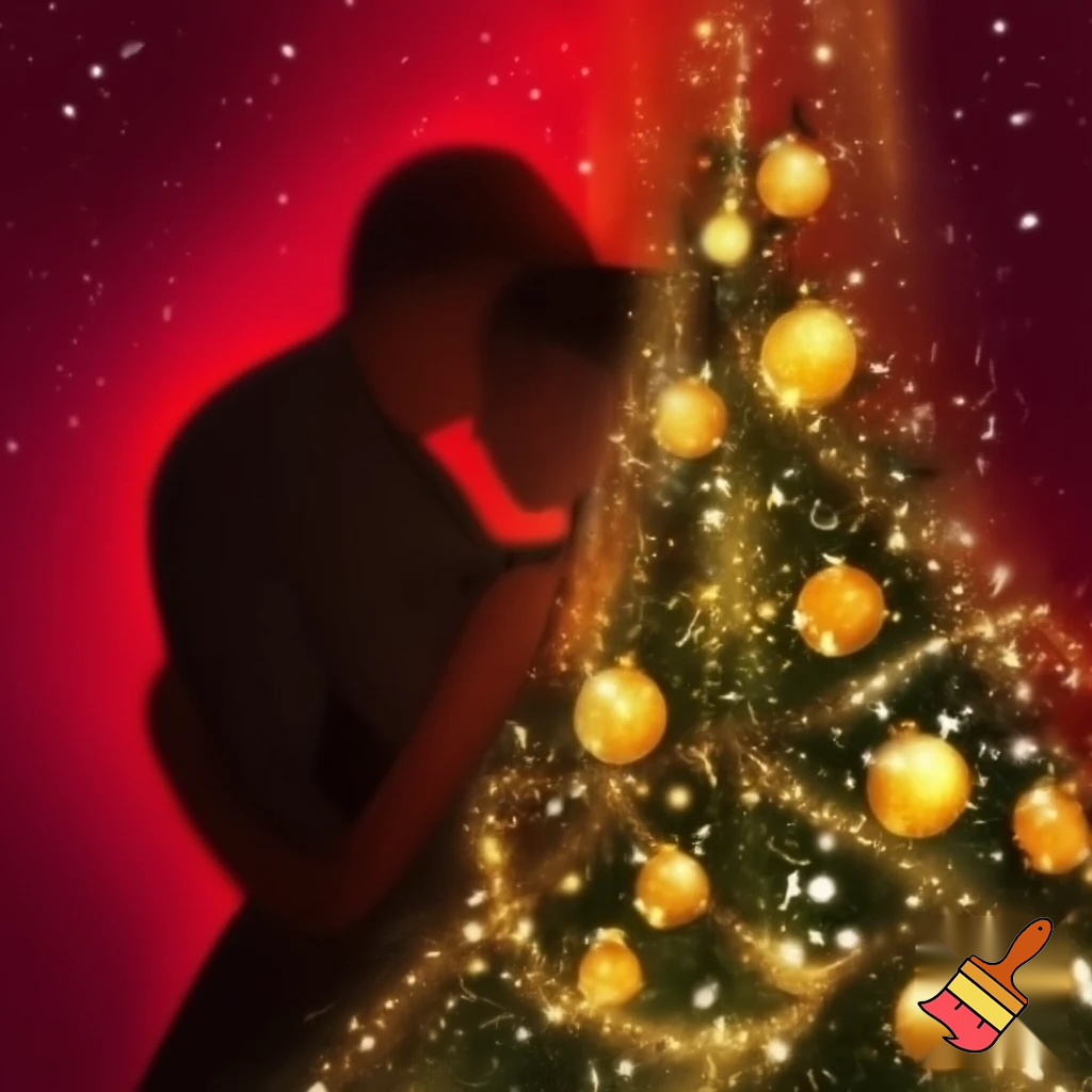 Een liefdespaar rode achtergrond kerstboom