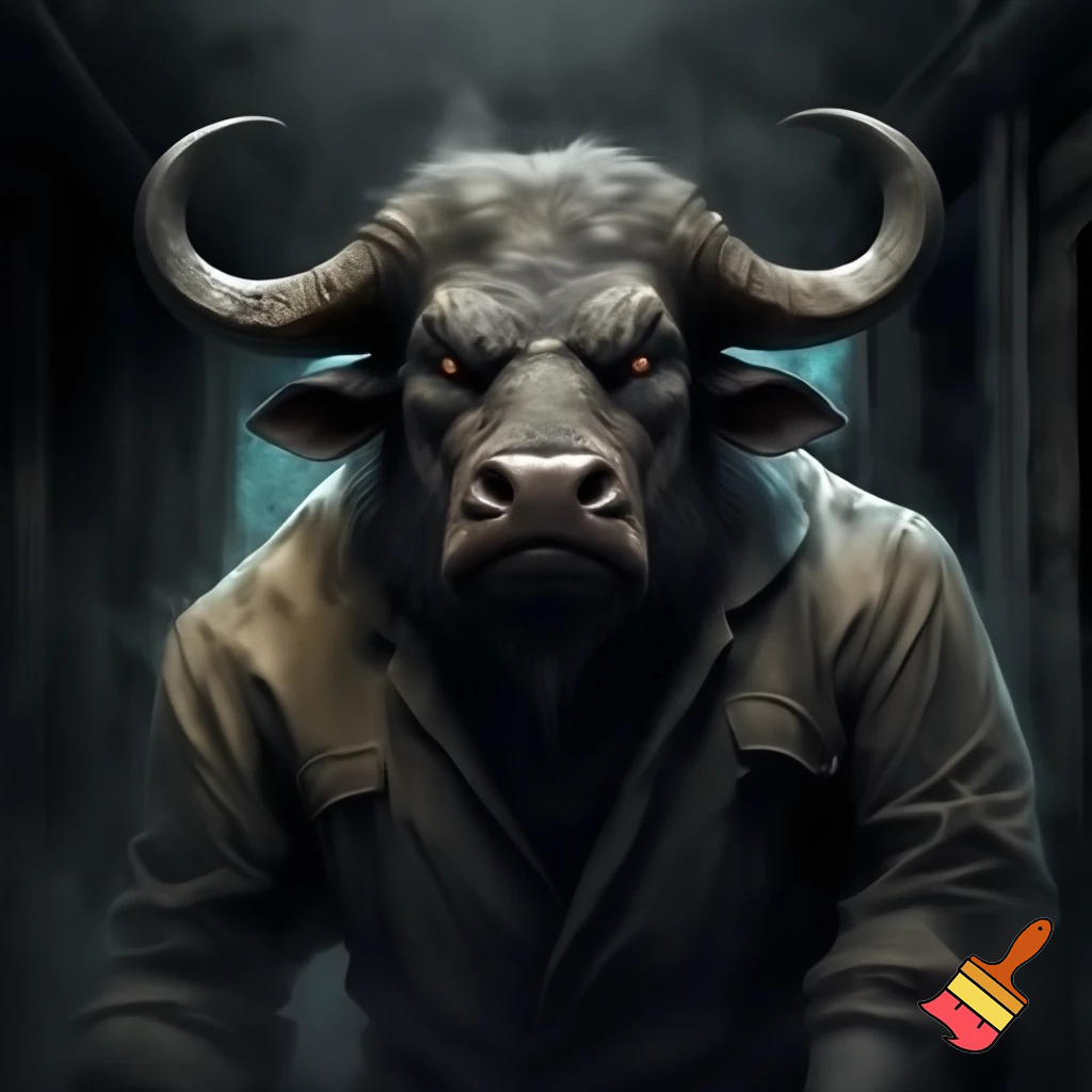 water buffalo:
mug shot standing
evil 
sinister
prison outfit
with colour
