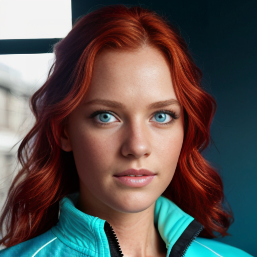 Close-up portrait of a woman with vibrant wavy red hair and blue eyes, wearing a teal zip-up athletic jacket partially unzipped, soft natural lighting, blurred indoor background, photorealistic.