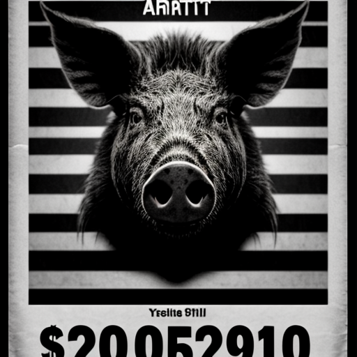 create a sinister looking wanted poster with a wild pig wearing black and white stripes
