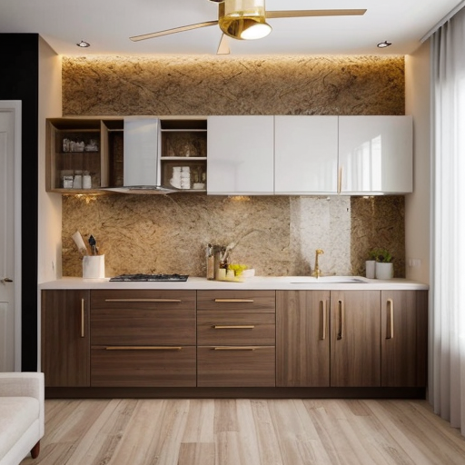 generate an interior picture of a commercial room , 
commercial premises, with a 2.5-meter-long and 2.7-meter-high wall on the left, with 5 4-centimeter-wide pecan-colored boards on the left and right edges of the wall, and black wallpaper with gold-colored thin stripes in between. There is also a 60-centimeter-wide and 2-meter-high decorative panel with a floral pattern, and a 60-centimeter-wide and 2-meter-high mirror. the second wall begins with 50 cm of 4 cm wide pecked walnut-colored slats, followed by a 1.80 m long and 1.3 m high counter with a glass in the middle that is illuminated from the inside with yellow light, then 90 cm of slats that are pecked at regular intervals, and the wall ends with a door that matches the color of the counter. The third wall is covered with decorative plaster. Design this room in a modern and stylish manner.