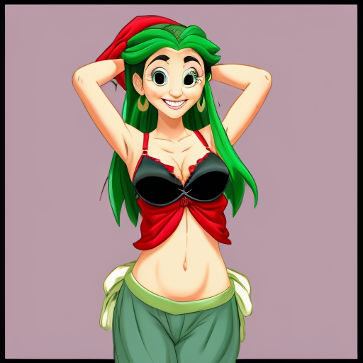 90's disney's 2d aladdin style comic dark black background and panels of 
panel 1 purple haired Ponytail shantae with red harem pants and red bra and red curved slippers with both hand palms place together and hiding the bottom of her mouth with a red veil wrapped around her arms and shoulders. 
panel 2 she danced with red harem pants with red bra and red curved slippers and red veil wrapped around her arms and shoulders and raising legs and bounced up and down her belly and shook her hips left and right. 
panel 3 as Shantae with red harem pants and red bra and curved red slippers spreading her arms, happily revealing her face to the viewer and giving a smile as she turns around shook her butt left and right. Panel 4 as purple haired Ponytail shantae with red harem pants and red bra and red curved slippers started to fading away , except her belly, which is bouncing around. 
Panel 5 then the ball transforms into the fading in belly of green haired Ponytail shantae with light green skin and green harem pants and green bra and green curved slippers and green veil wrapped around her arms and shoulders with her swaying her hips. 
Panel 6 green haired Ponytail shantae with light green skin and purple harem pants and green bra and green curved slippers and green veil wrapped around her arms and shoulders and with her hand palms place together between her chest and she gives a smile and winking her left eye. 