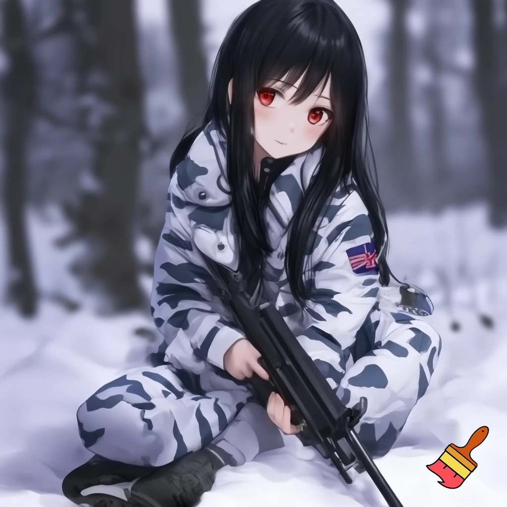 realistic colours, zoomed out veiw. large eyes looking to the left behind the camera, long black hair, red eyes, 19 years old girl. wearing white military camo clothing, jacket and pants  with british sas flag on the sleeve, kneeling in snow, holding a rifle. anime stye 