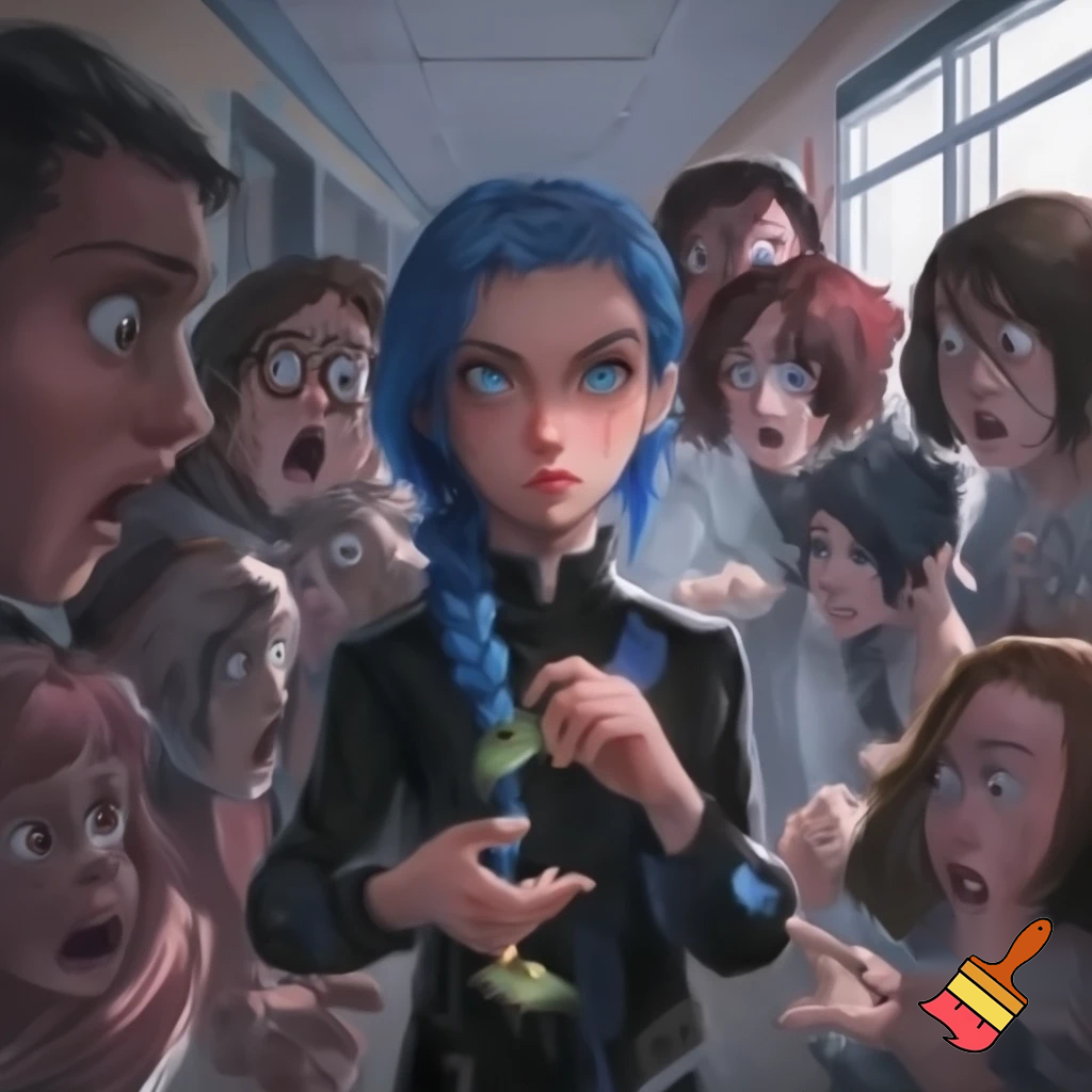 girl with blue braid and has a black jacket with blue eyes holding a frog all the people are looking at the frog scared at shcool the people opened there jaw