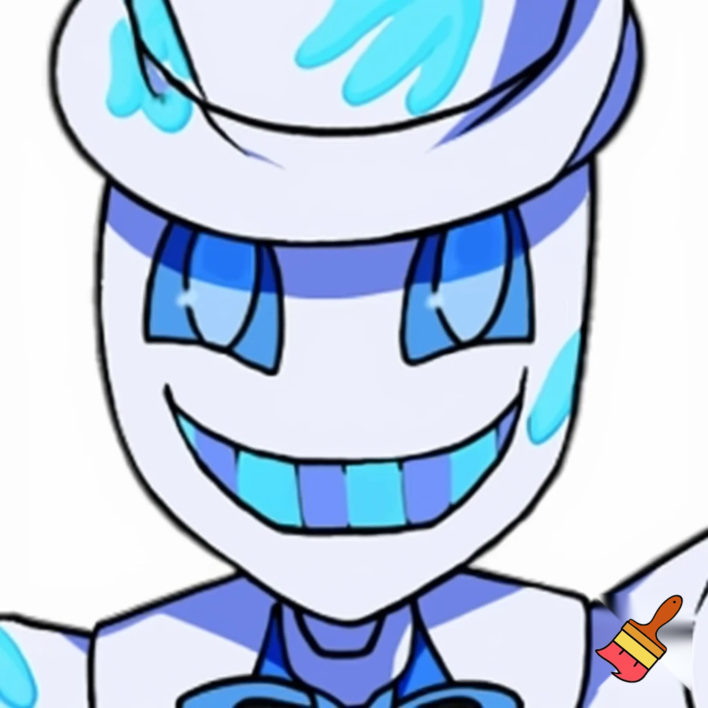 alastor wearing a white tophat with light graident, his suit is white and with light blue graident, his eyes are blue, his skin is white, and his teeth is bright light blue. 