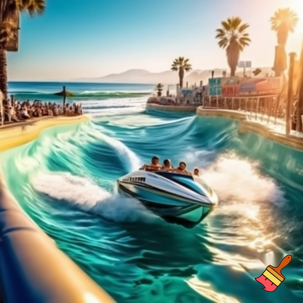 Create a realistic water boat theme park ride inspired in beachy Malibu with a fun vibe. Add path