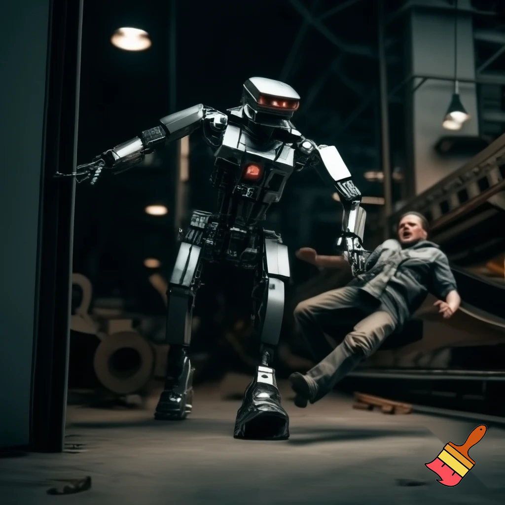 A robot is kicking out a human from a factory