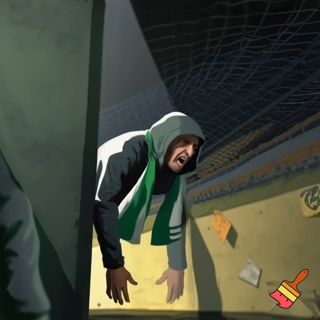 A Panathinaikos fan with a Panathinaikos scarf and clothes is at the Aris stadium in Kleanthis Vikelidis and is hiding so they won't find him.