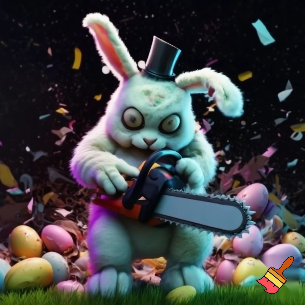 Easter bunny with the top hat Easter bunny mascot costume with a chainsaw a Easter bunny