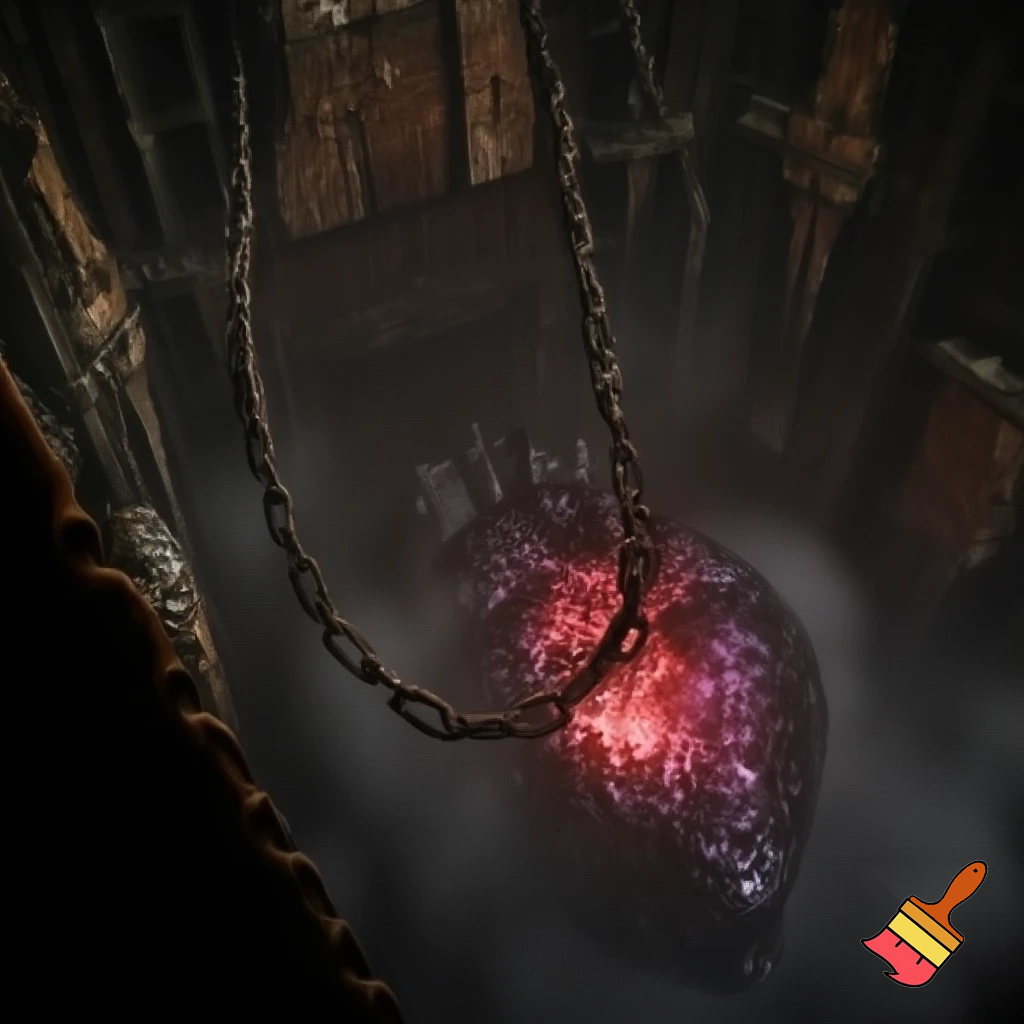 epic Minecraft interior, a colossal imprisoned energy heart made of amethyst and crying obsidian, held by massive iron chains in a deepslate temple, glowing redstone pulse, ancient broken machinery half-buried in walls, cinematic dark fantasy, volumetric fog, isometric