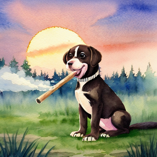 Roztomilé celé hnědé štěně drží v tlamě klacek, z kterého se na konci kouří, stojí proti zapadajícímu slunci, kolem louka a les. Kouř tvoří jemný obláček. Pohádková ilustrace, měkké světlo, dětský akvarel, hravá atmosféra.