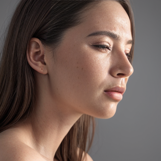 Using the uploaded image as the visual reference, generate a photorealistic intimate editorial portrait with very strong analogue film grain and visual ambiguity.

An extreme close-up side profile of a human face, tightly framed from the chin to the closed eye. The head is slightly tilted upward. Eyes closed. Expression serene, inward, detached from the viewer.

Two pale flower petals appear in contact with the face — one near the bridge of the nose, one brushing the lips.

The flowers must not read as complete objects.
Only partial petals and fragments of stems are visible.

– No visible beginning of the stems
– No visible ending of the stems
– No clear attachment point
– No readable direction of support

The stems should enter and exit the frame softly, partially dissolved by depth of field, grain, and shadow, creating uncertainty about how the flowers are held or suspended.

The flowers feel momentary, fragile, and almost accidental — as if caught mid-breath or mid-thought.

Skin texture is fully preserved and emphasized: pores, freckles, small moles, uneven tone. No retouching, no smoothing, no beauty finish.

Lighting is soft, natural, and directional, coming from the side. Highlights are muted and diffused. Shadows are deep but gentle, shaping the profile without clarity edges.

The background is dark, undefined, and grain-heavy, dissolving into shadow with no readable space.

Film grain is very strong and organic, resembling high-ISO analogue film or an imperfect fine-art scan.
Grain is uneven, tactile, and layered — not digital noise.
Slight softness and micro-blur are present, reducing clarity and preventing object sharpness.

Color palette is muted and earthy: warm skin tones, off-white petals, deep neutral shadows. Editorial grading with low contrast and soft tonal transitions.

Depth of field is shallow and imperfect:
– face and petals gently readable
– edges and stems dissolve into grain

Overall feeling: intimacy, impermanence, fragility, ambiguity, breath, tactile presence.

High-end photorealism with intentional analogue imperfections. No stylization, no fantasy. No text, no logos, no watermark.