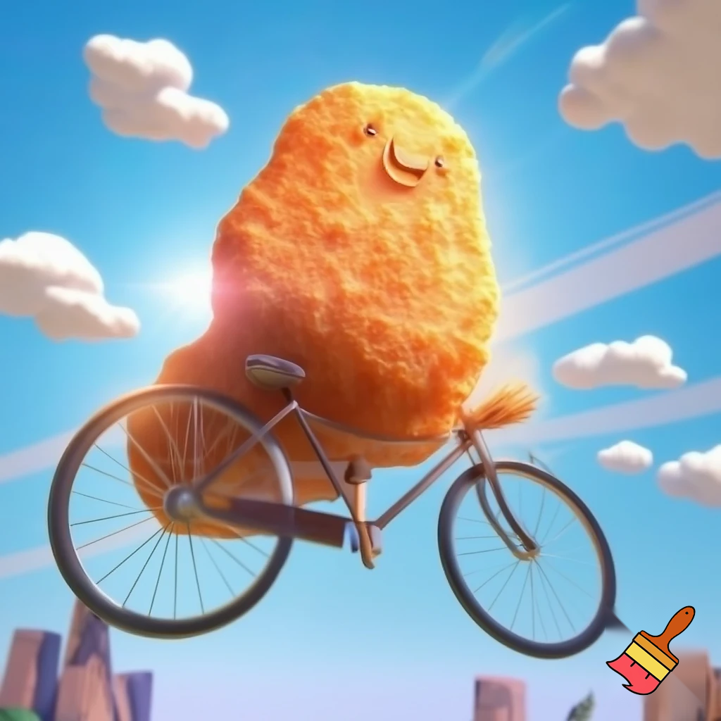 chicken nugget riding a bike in the sjy