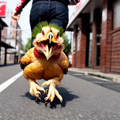generate a photo of a peice of chicken running away terrified from kfc
