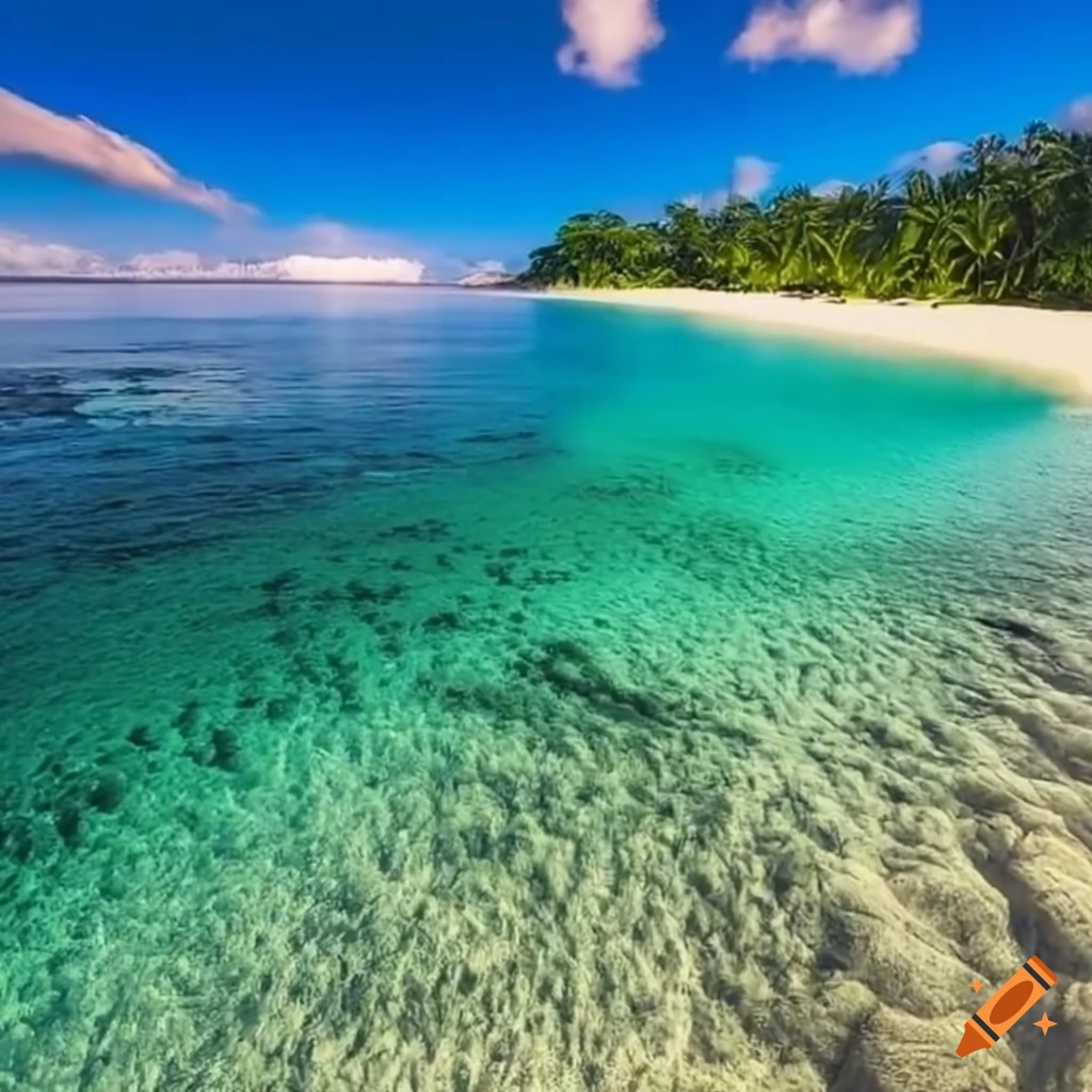 desert island, tropical forest, castaway, palm, shore with romantic bay