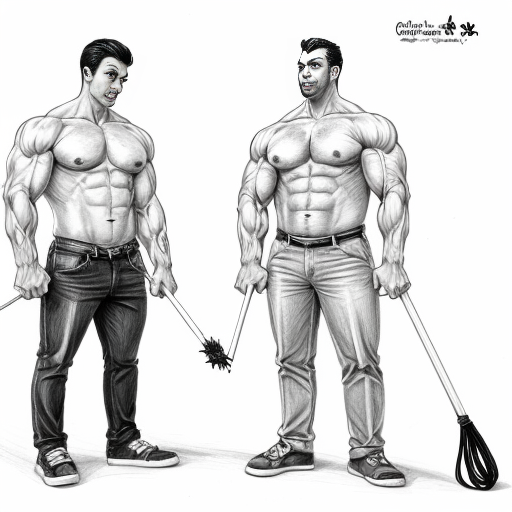 pencil drawing cartoon style of different poses of 2 men, one muscular man and one thin, underweight man with a cane

