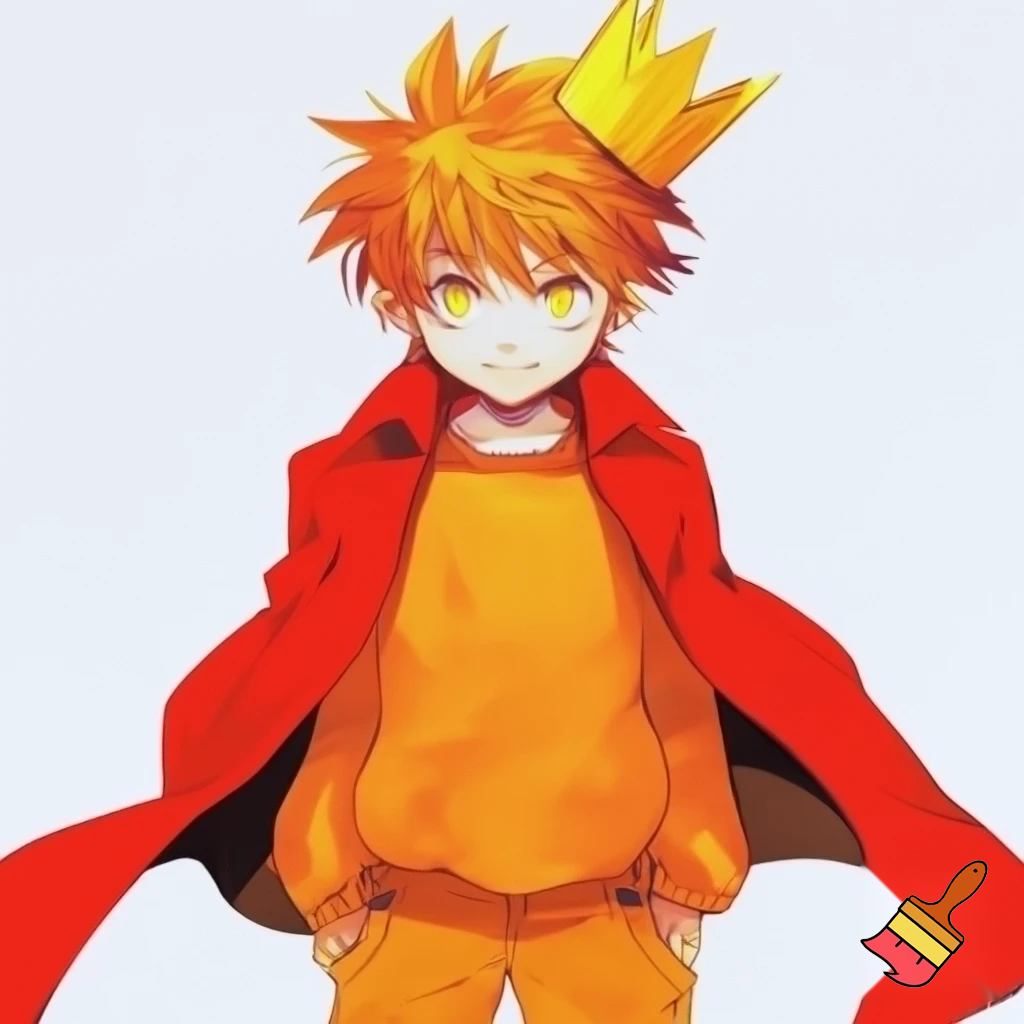 Un chico Anime 2000s Pelo naranja ojos negros corona de rey amarilla sueter naranja pantalones naranjas y capa rojade rey estrella joven en un fondo blanco.
