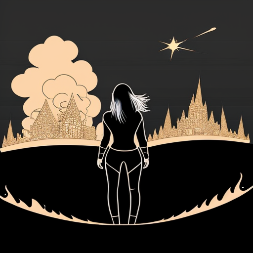 young, tall, white-haired woman in armor stands in front of a burning castle into which meteorites are falling.