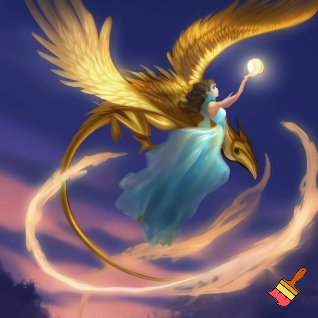 Frog Princess with light blue  dress and glowing Pearl flying a golden dragon with glowing wings