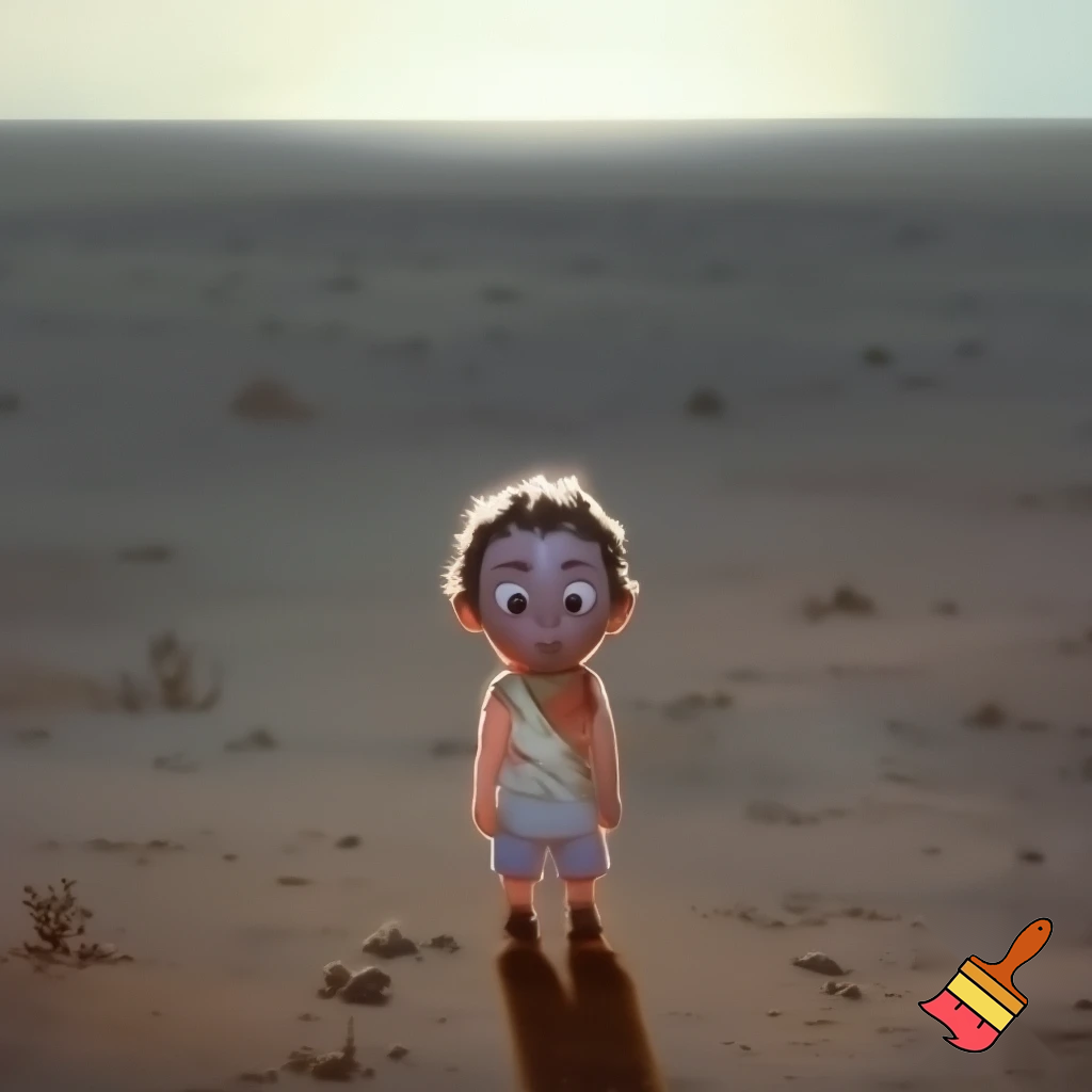 Draw me a photo of a little boy that is lost from a car crash in the middle of nowhere 