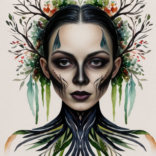 Dark Gothic Branched Woman Face with Fantastic Animals 4K High In surreal fantasy style and Branched in fusion with chlorophyll  Definition Image 