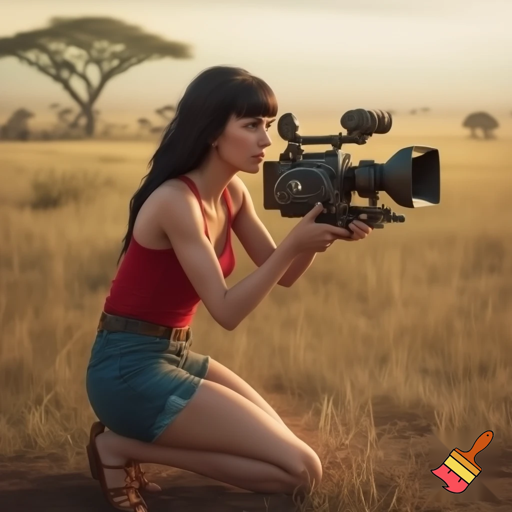 A cute and muscular black-long-and-side-swept-banged-haired fair white woman with arriflex digital camera and wearing red tank top and woman's blue short jeans and putting the sandals on her feet is filmming the plains of the Serengeti in Tanzania.