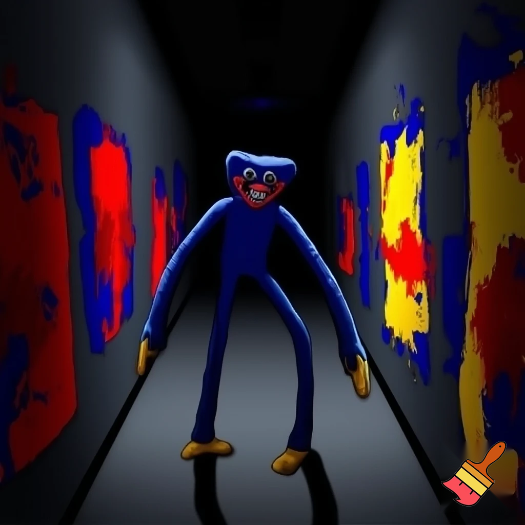 huggy wuggy in a dark gray hallway with some pictures painted in red, yellow, and blue. The feel is creepy and it feels off.