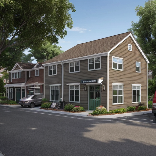 Generate an suburban neighborhood with one main rectilinear street and smaller, local streets separating off of it in a curved, varied manner. The urban space should have small street blocks with 5 or 6 uniform rectangular parcels and an interstate highway running along the edge of the neighborhood. Parcels should contain small square buildings and green garden areas behind them. Buildings should be mainly vernacular residential buildings (small homes) of about 2-3 floors with 2 or three small-scale commercial businesses on every other corner along the main street. 