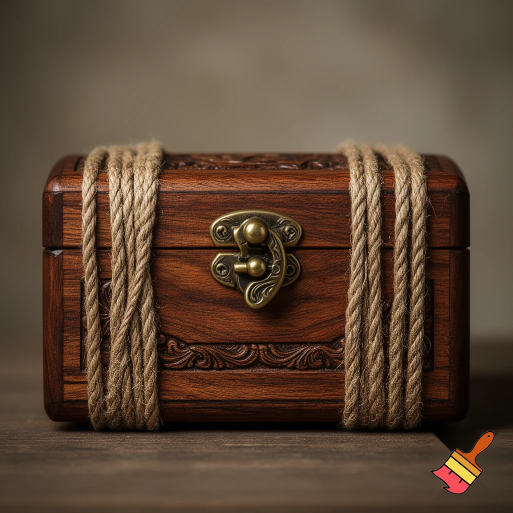 a wooden box, with clasp, tied with a string for extra security