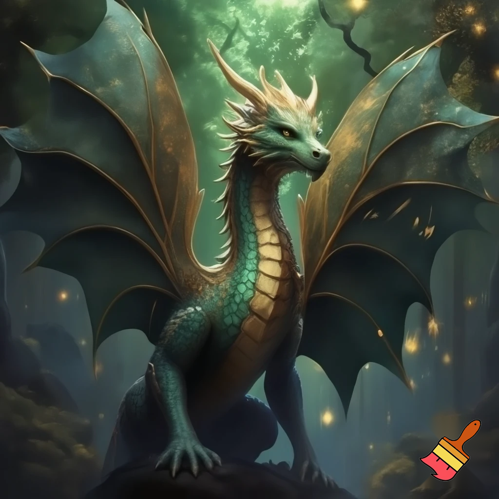 A tall elegant green dragon with occasional gold scales, wings the shape of leaves
