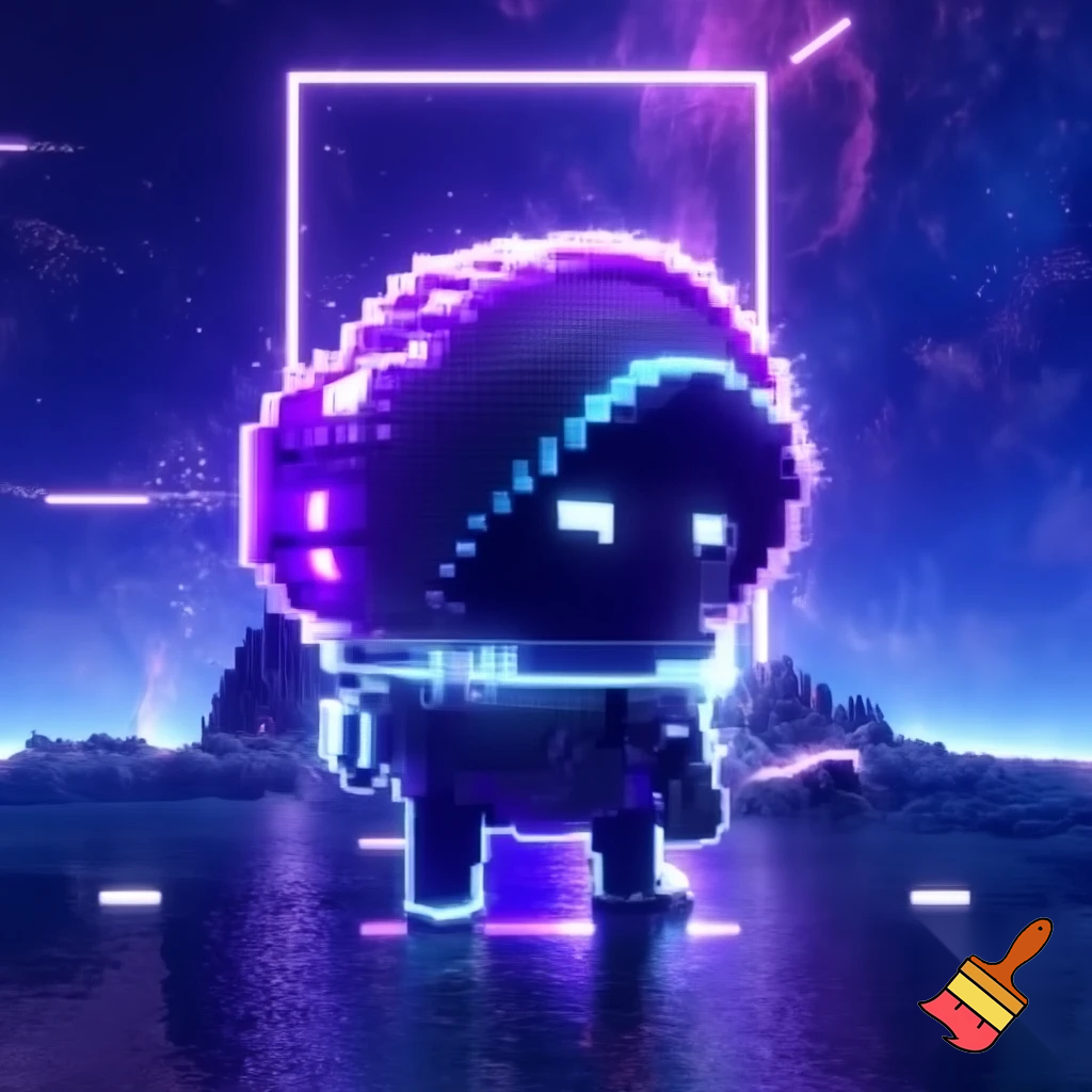 A futuristic, neon violet-blue scene featuring a pixel-style astronaut tomato as the main character. The tomato astronaut wears a glowing hooded suit with bright violet-blue LED accents. The background is illuminated with soft neon frames and cyberpunk lighting. The character has a mysterious, calm expression, glowing eyes, and a slightly pixelated texture. The overall vibe is high-tech, cosmic, and vibrant, with strong violet and blue tones.
