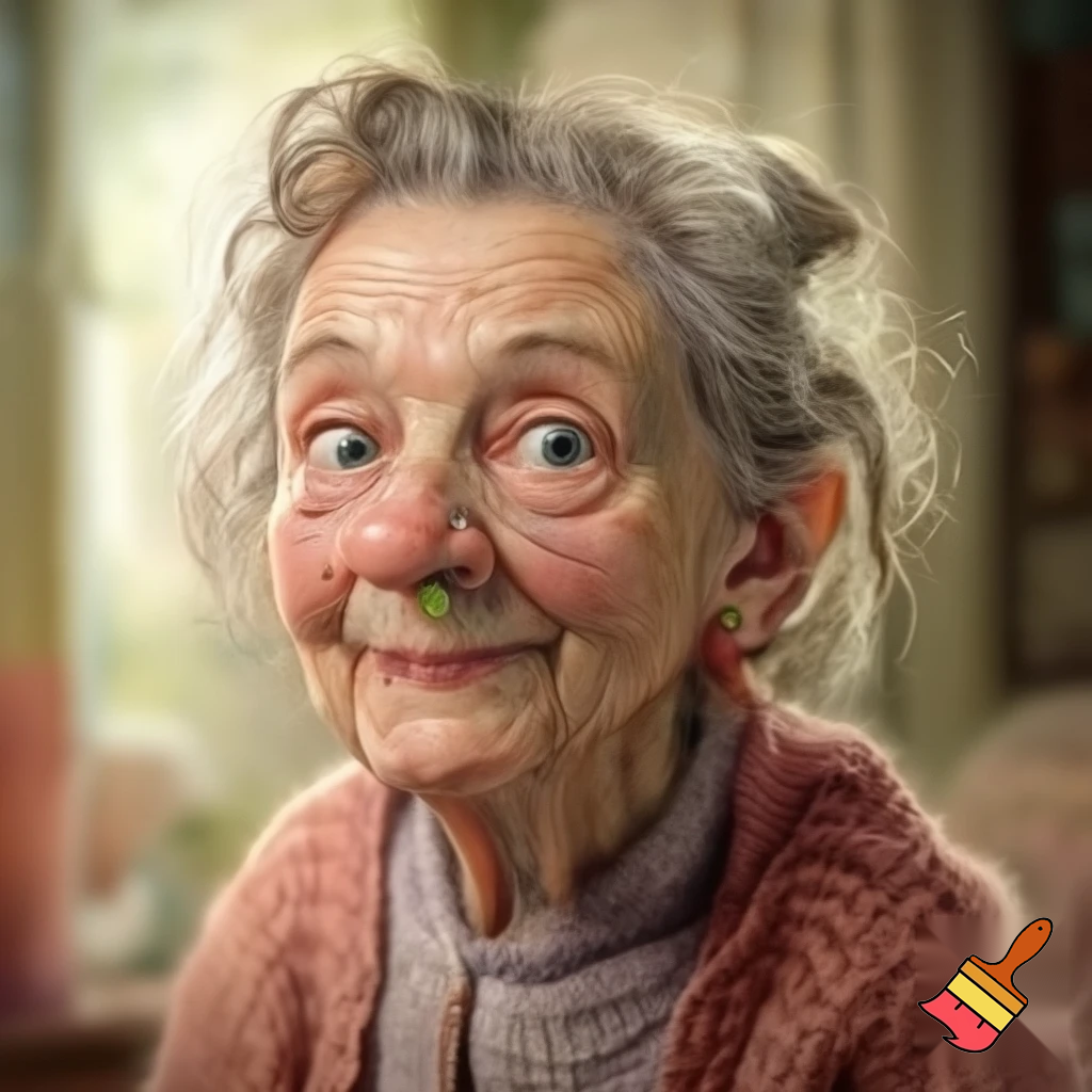 Draw an old lady with earplugs in her nostrils