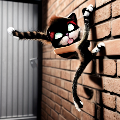 Create a image with a cat and a spider monkey jumping of the side of a brick wall