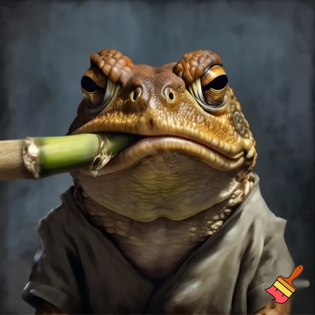 Cane Toad, Angry, Frowning, Sugercane in mouth, prisoner, Mugshot