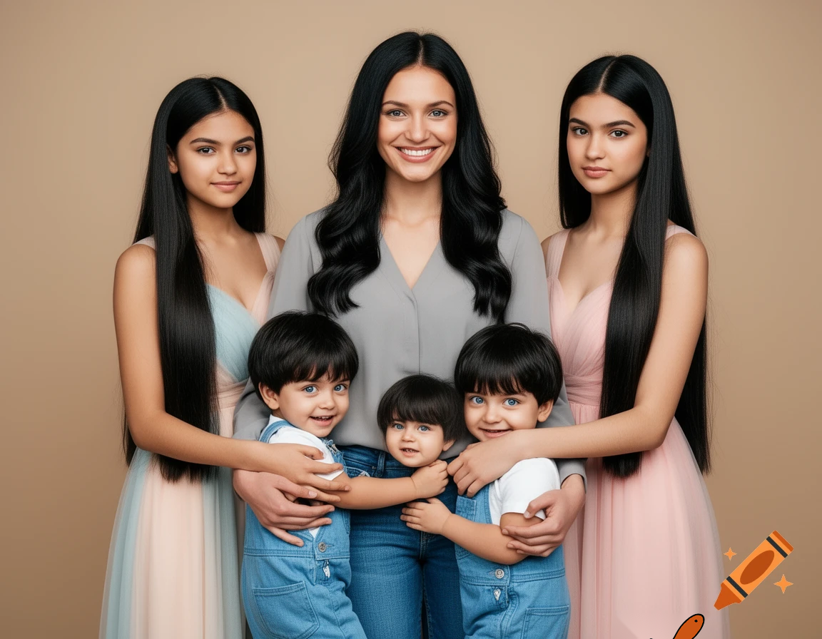 create a family photo with a 26 year old mother and 2 year old boy triplets with black hair and blue eyes and then 16 year old triplet girls with black long hair and make all of them with black hair
