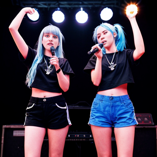 Two girls (both adults) standing while two spotlights slightly shine over them while playing synths (there are two synths, one in front of each of them), facing each other (as in, not side by side) and looking very sad and tearing up, one with very long, non-curly, light blue hair, and the other with lavender hair in a ponytail, both shirtless and barefoot, with medium-sized eyes, and wearing black Adidas shorts with logo, white outlines, and v-cuts (full body shown), there are also two microphones pointing at them (they aren't singing tho). For extra stakes, this is a synth duel, final round, and the two girls are synthing for their life because two floating hands with black tuxedo sleeves and white gloves (one on each side) are pointing guns behind their heads, only one synther will survive, so they better not slip up their piece. Also, anime, but the background colors look vibrant blue, and the stage is lit up with a big, white, very bright screen saying "Synth Duel: Final Round" in light blue, all uppercase, non-pixelated letters. 
