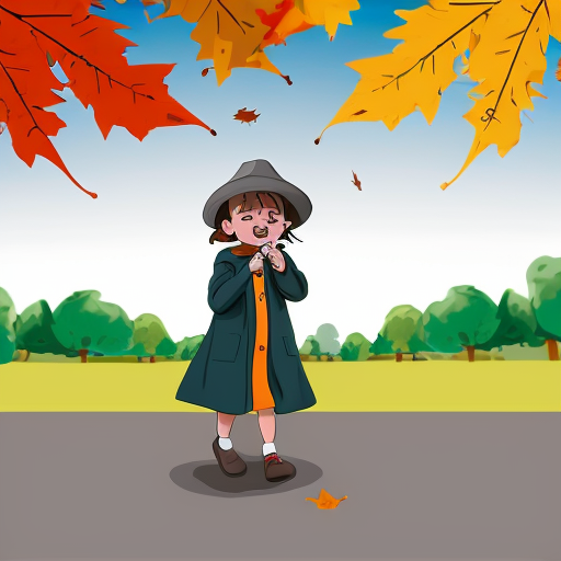 create only one image of A child holding onto a hat as leaves blow sideways; trees bending; swirling wind lines Grey-blue wind swirls, green and orange leaves, brown tree, blue coat in cartoon style