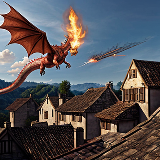 Draw me a mythological dragon flying through the sky above a village, breathing fire on the houses