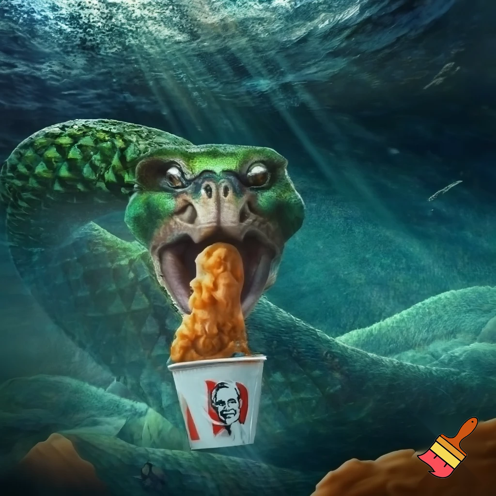 fat snake with human head in the ocean eating KFC