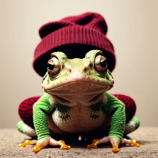 A laughable, puzzled animal toad in woolen, multicoloured winter clothings with woolen winter cap. Hyperrealistic art style.
