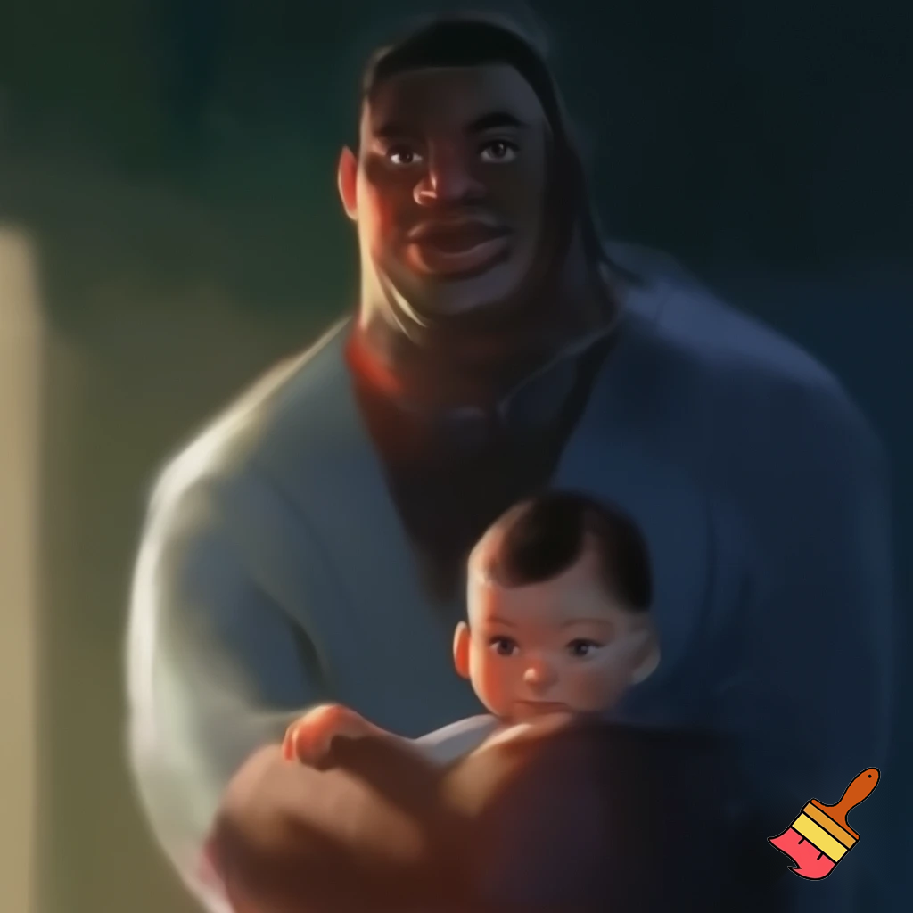 big black guy standing behind a little kid with middle part haircut
